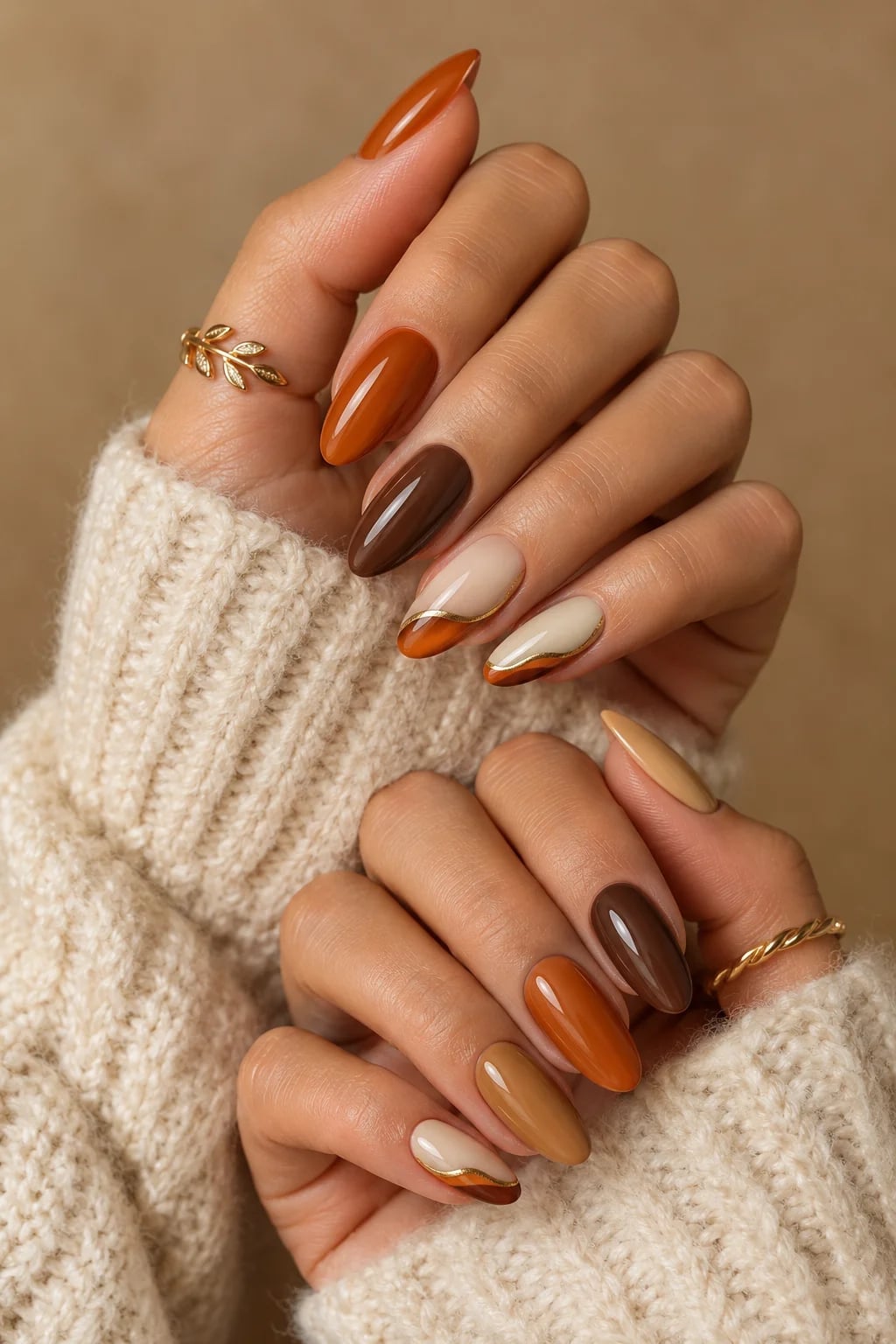 Burnt Orange French Tip with Gold Foil Medium Almond Nails Burnt Orange French Tip with Gold Foil Medium Almond Nails — Classy Burnt Orange Nails