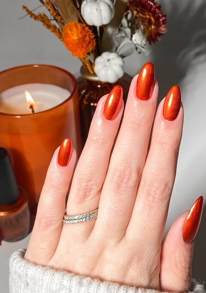 Vibrant Burnt Orange Chrome Shimmer Long Stiletto Nails Vibrant Burnt Orange Chrome Shimmer Long Stiletto Nails — Classy Burnt Orange Nails