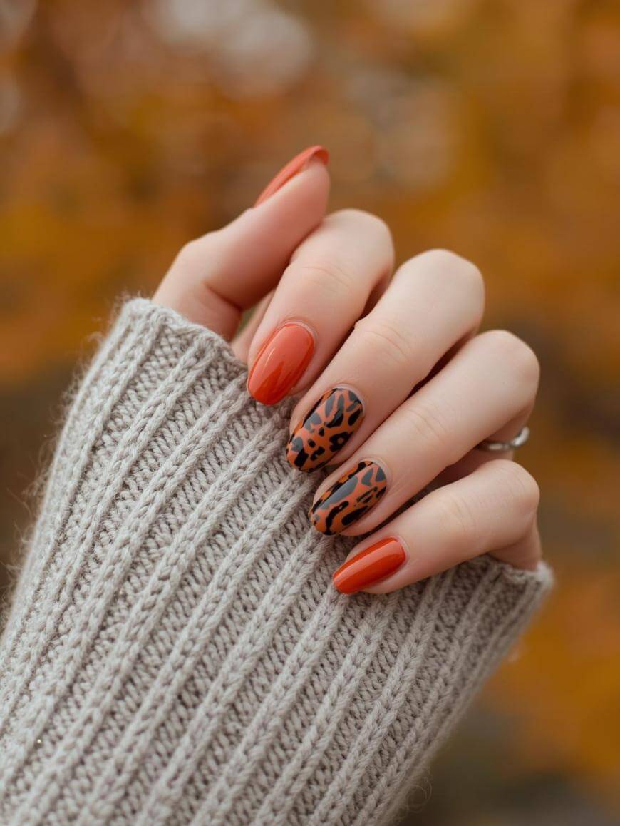 Leopard Print Accent Medium Almond Burnt Orange Nails Leopard Print Accent Medium Almond Burnt Orange Nails — Classy Burnt Orange Nails