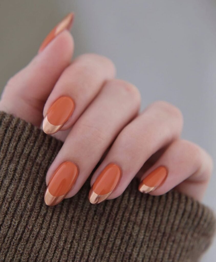 Metallic Gold French Tip Medium Oval Burnt Orange Nails Metallic Gold French Tip Medium Oval Burnt Orange Nails — Classy Burnt Orange Nails