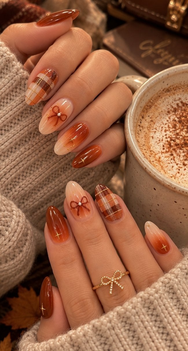 Mixed Media Burnt Orange Plaid Bows and Crosses Oval Nails Mixed Media Burnt Orange Plaid Bows and Crosses Oval Nails — Classy Burnt Orange Nails