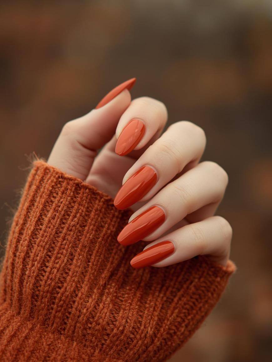 Flawless Glossy Burnt Orange Medium Almond Nails With Solid Color Flawless Glossy Burnt Orange Medium Almond Nails With Solid Color — Classy Burnt Orange Nails