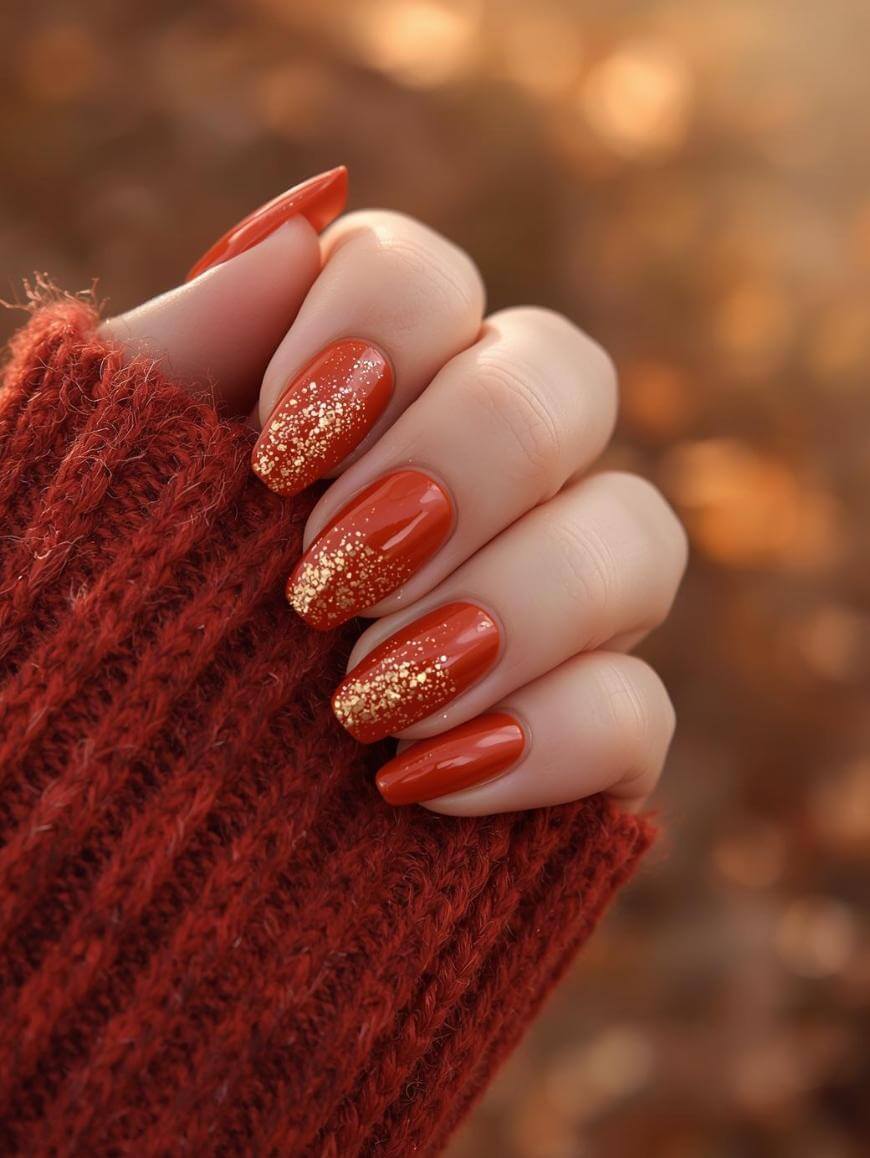 Gold Glitter Gradient Medium Oval Burnt Orange Nails Gold Glitter Gradient Medium Oval Burnt Orange Nails — Classy Burnt Orange Nails