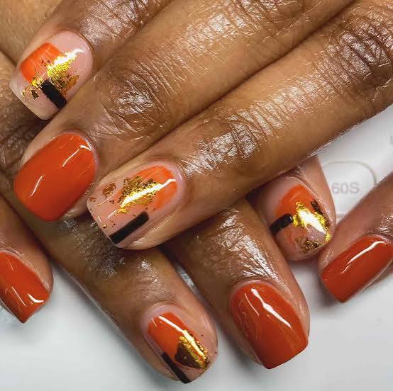 Gold Foil Accent Short Square Burnt Orange Nails Gold Foil Accent Short Square Burnt Orange Nails — Classy Burnt Orange Nails