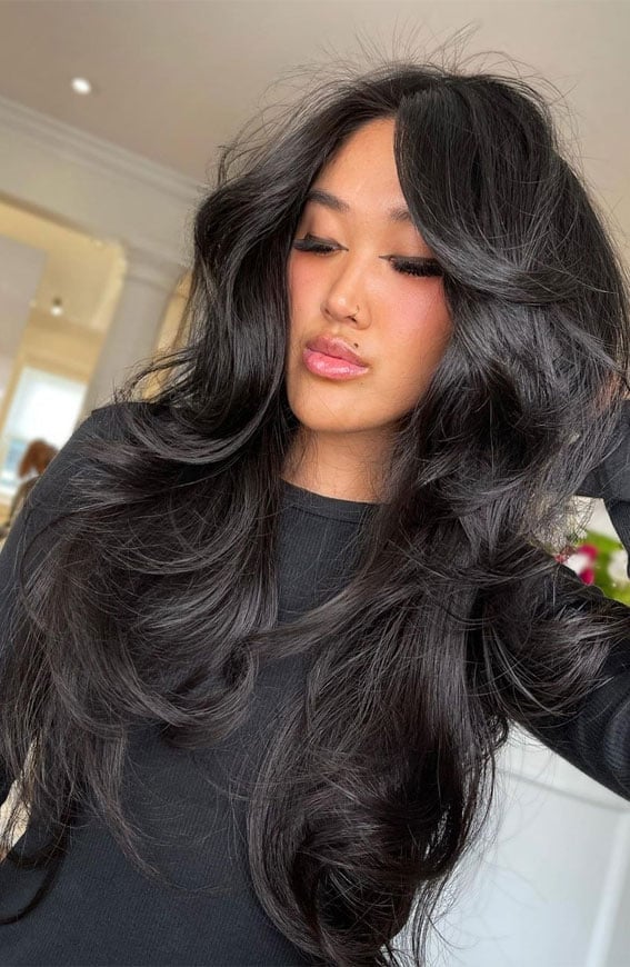 Glossy Dark Brown Waves With Side Part Glossy Dark Brown Waves With Side Part — Classy Butterfly Hair