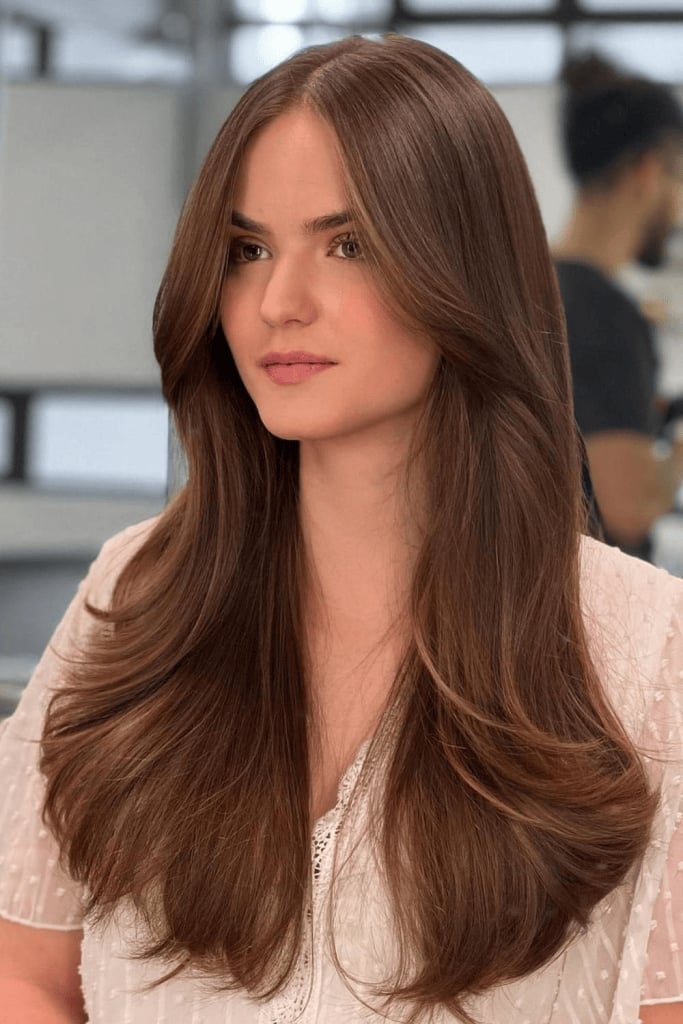 Long Rich Brown Butterfly With Voluminous Blowout Long Rich Brown Butterfly With Voluminous Blowout — Classy Butterfly Haircut