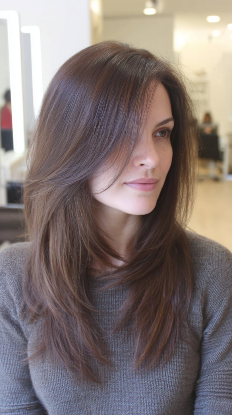 Long Dark Brown With Side-Swept Layers Long Dark Brown With Side-Swept Layers — Classy Butterfly Haircut