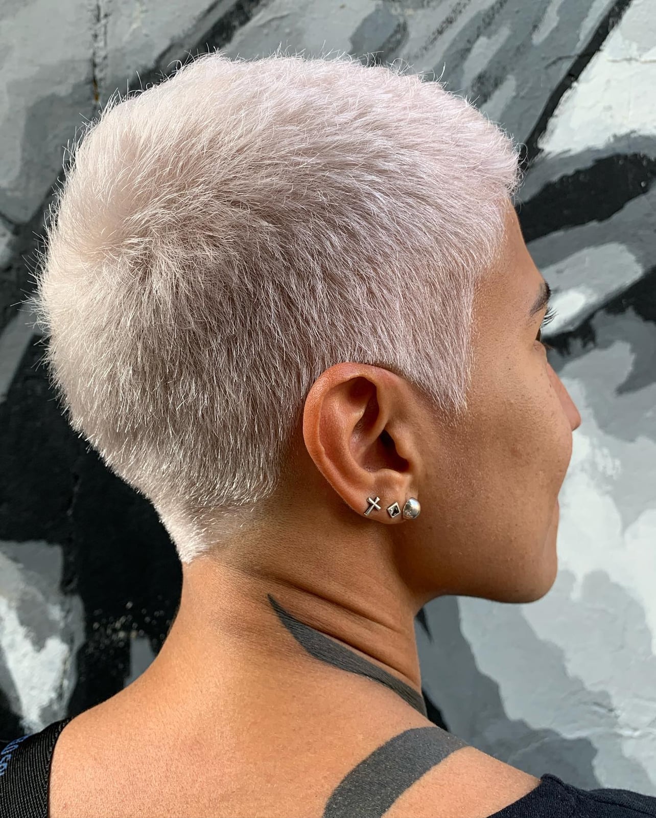 Platinum Buzz Cut With Cross Earrings Platinum Buzz Cut With Cross Earrings — Classy Buzz Cut