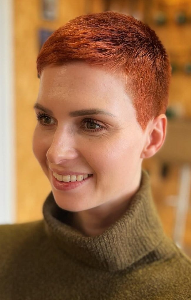 Copper Buzz Cut With Olive Turtleneck Copper Buzz Cut With Olive Turtleneck — Classy Buzz Cut