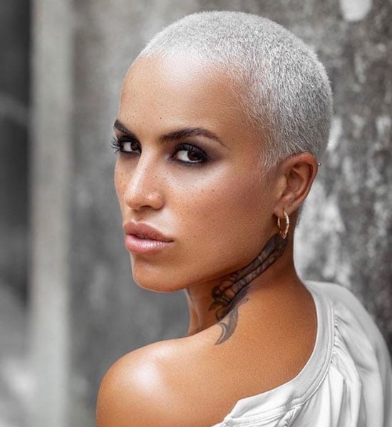 Platinum Buzz Cut With White T-shirt Platinum Buzz Cut With White T-shirt — Classy Buzz Cut