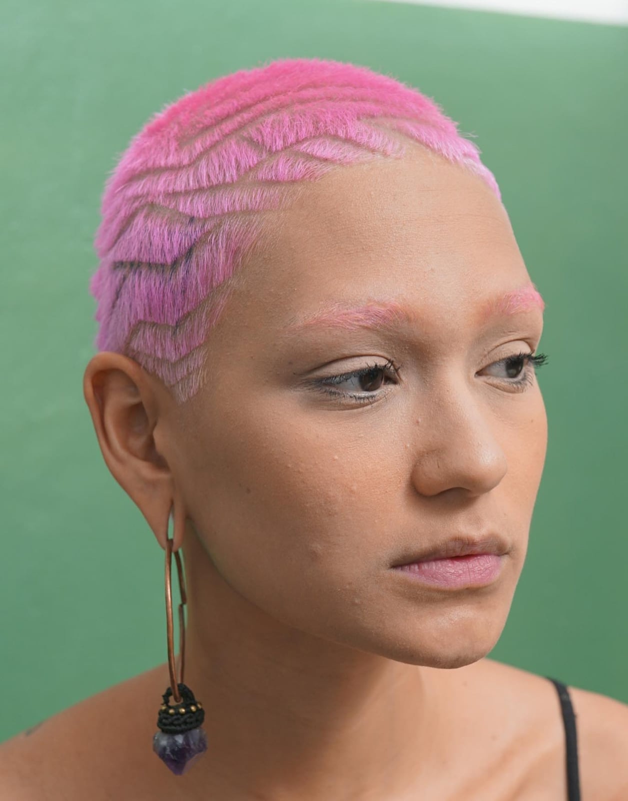 Pink Buzz Cut With Hoop Earrings Pink Buzz Cut With Hoop Earrings — Classy Buzz Cut