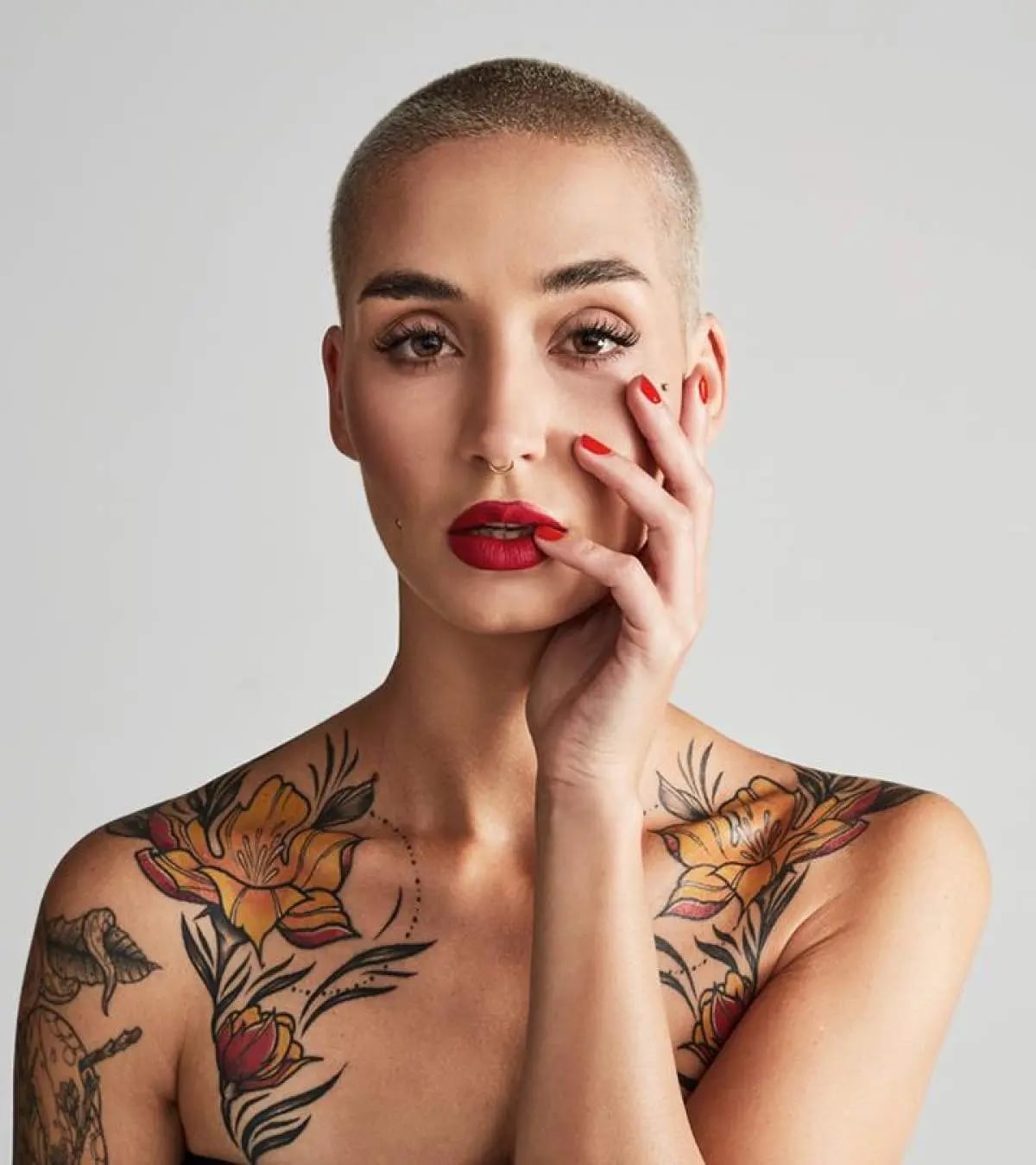Shaved Head With Bold Red Lipstick Shaved Head With Bold Red Lipstick — Classy Buzz Cut
