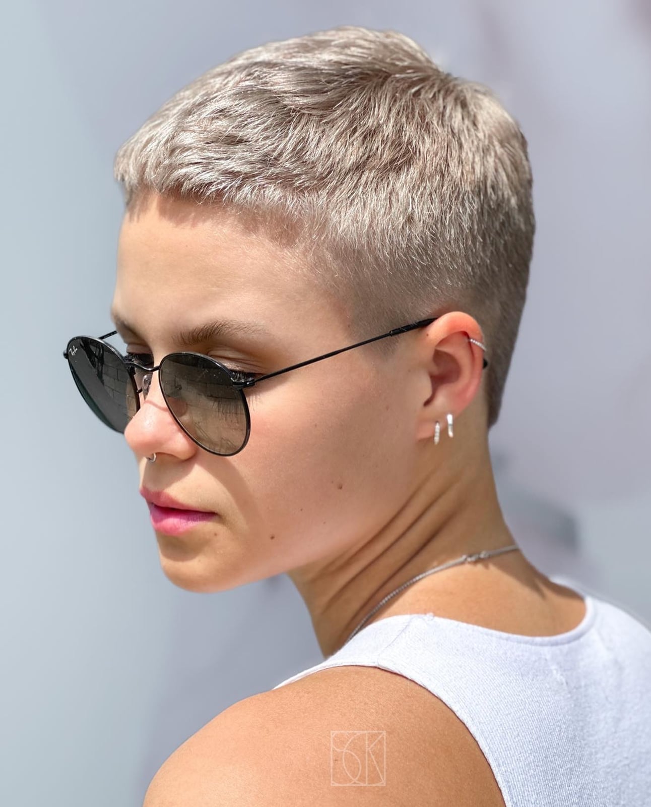 Platinum Buzz Cut With Sunglasses Platinum Buzz Cut With Sunglasses — Classy Buzz Cut