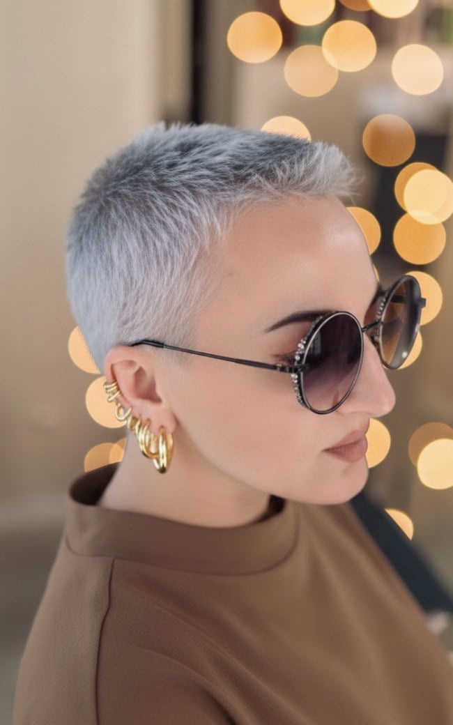 Silver Grey Buzz Cut With Sunglasses Silver Grey Buzz Cut With Sunglasses — Classy Buzz Cut