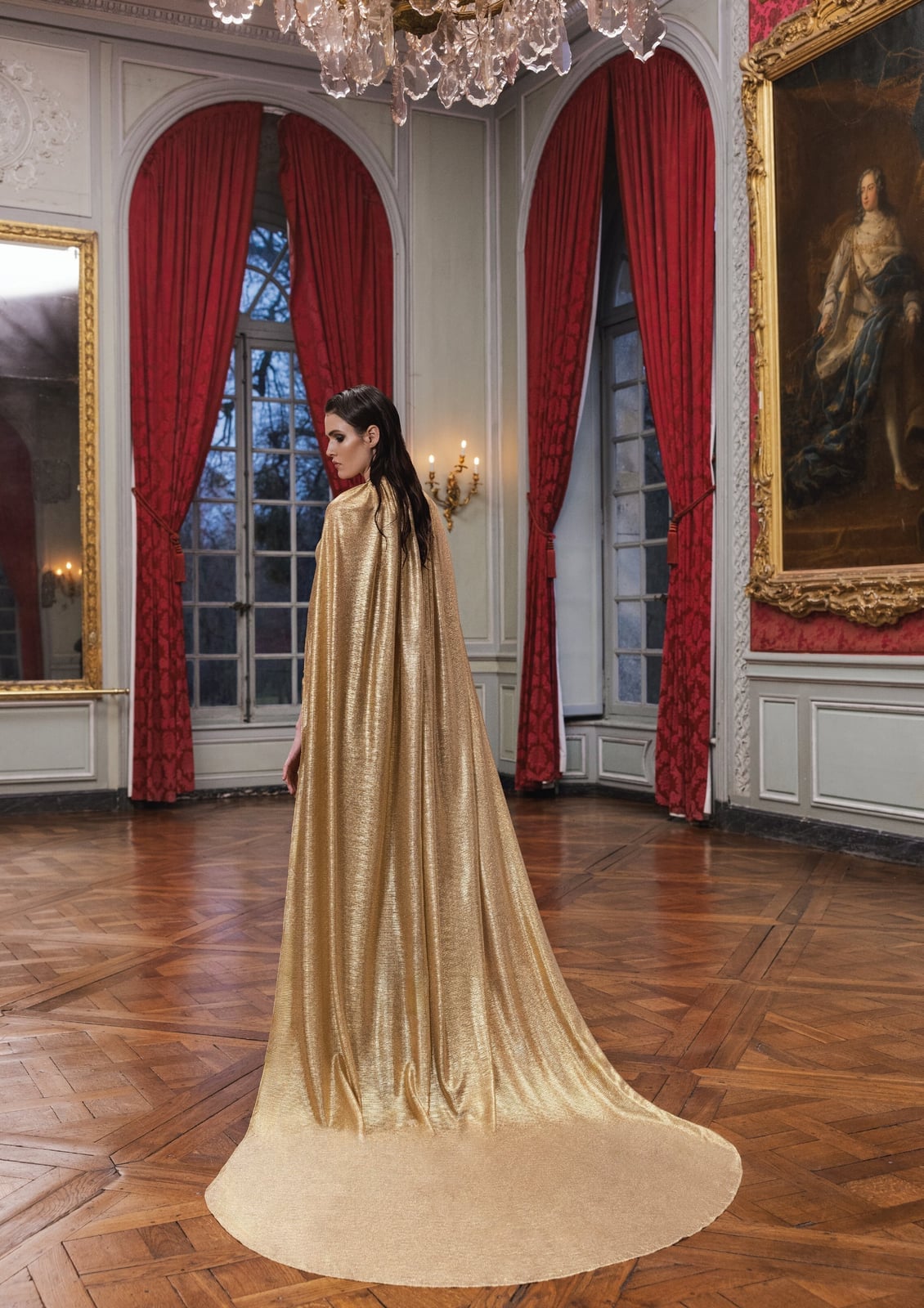 Shimmering Gold Gown With Flowing Cape, Close-Up Take Shimmering Gold Gown With Flowing Cape, Close-Up Take — Classy Cape Outfits
