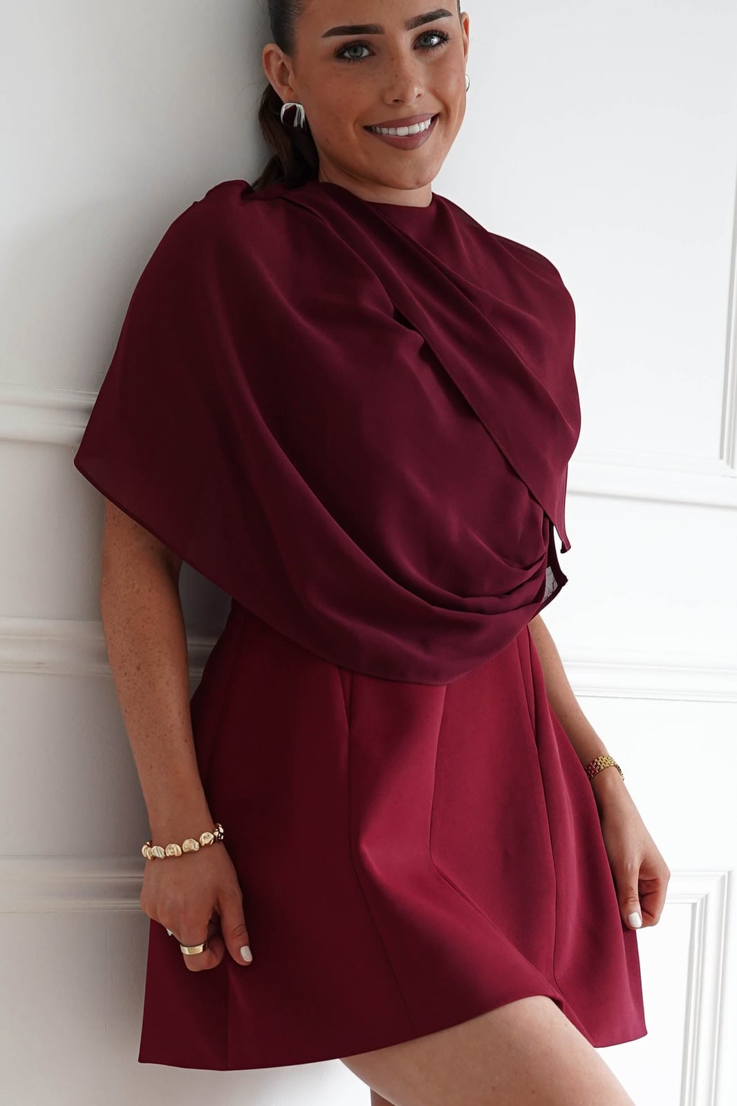 Wine Chiffon Draped Cape With Matching Dress Wine Chiffon Draped Cape With Matching Dress — Classy Cape Outfits