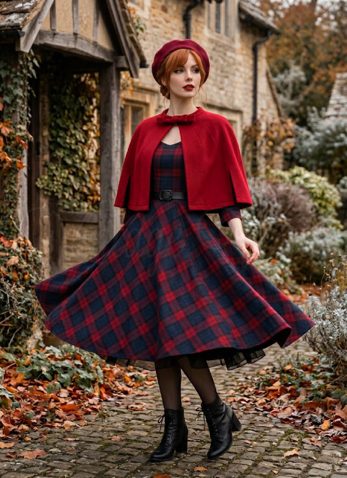 Red Wool Capelet Over Plaid Fit-and-Flare Dress Red Wool Capelet Over Plaid Fit-and-Flare Dress — Classy Cape Outfits