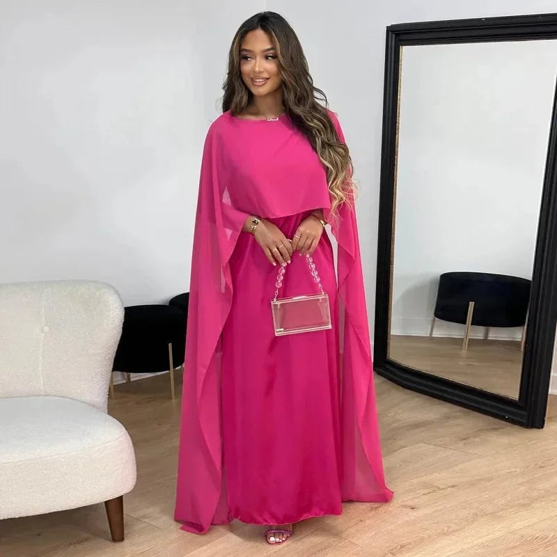 Hot Pink Chiffon Maxi Dress With Cape Overlay Hot Pink Chiffon Maxi Dress With Cape Overlay — Classy Cape Outfits