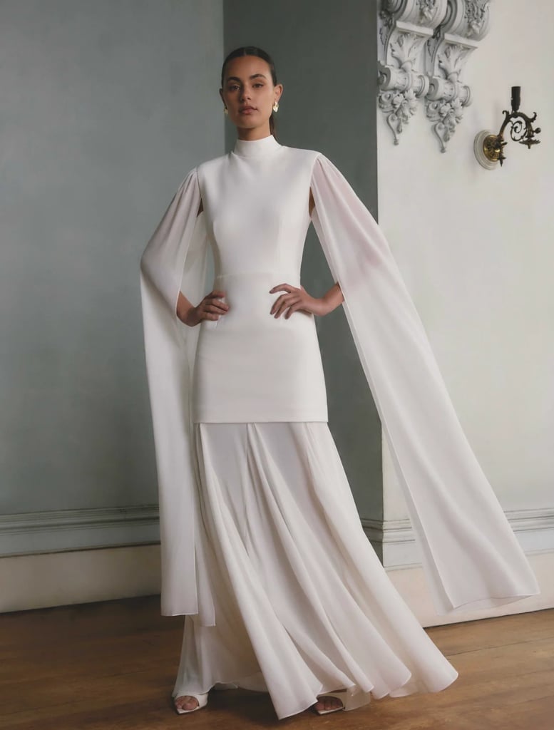 Monochromatic White Dress With Dramatic Cape Sleeves Monochromatic White Dress With Dramatic Cape Sleeves — Classy Cape Outfits