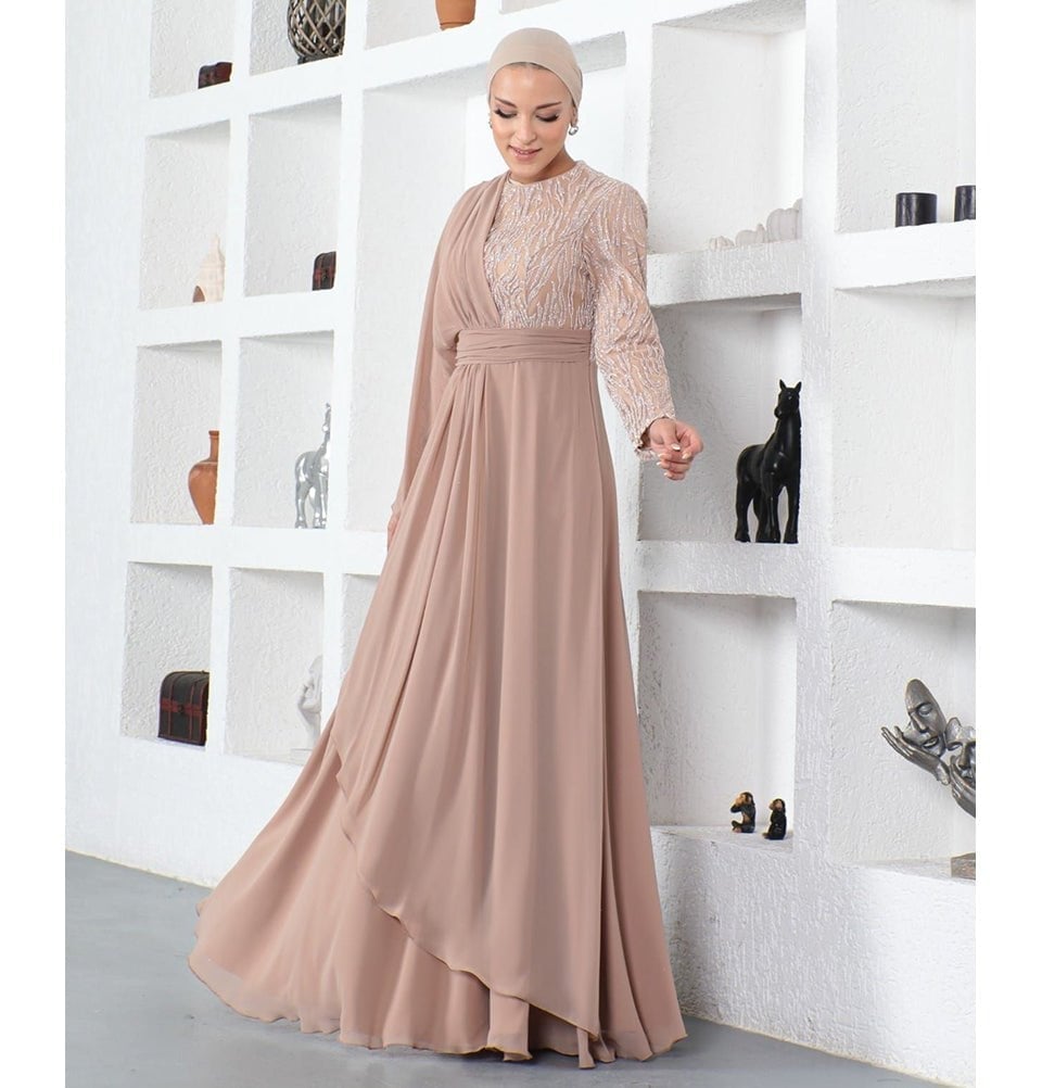 Beige Crepe Dress With Draped Overlay and Headscarf Beige Crepe Dress With Draped Overlay and Headscarf — Classy Cape Outfits