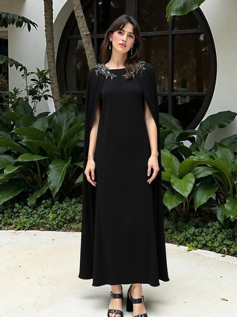 Black Floor-Length Cape Dress With Embellished Neckline Black Floor-Length Cape Dress With Embellished Neckline — Classy Cape Outfits