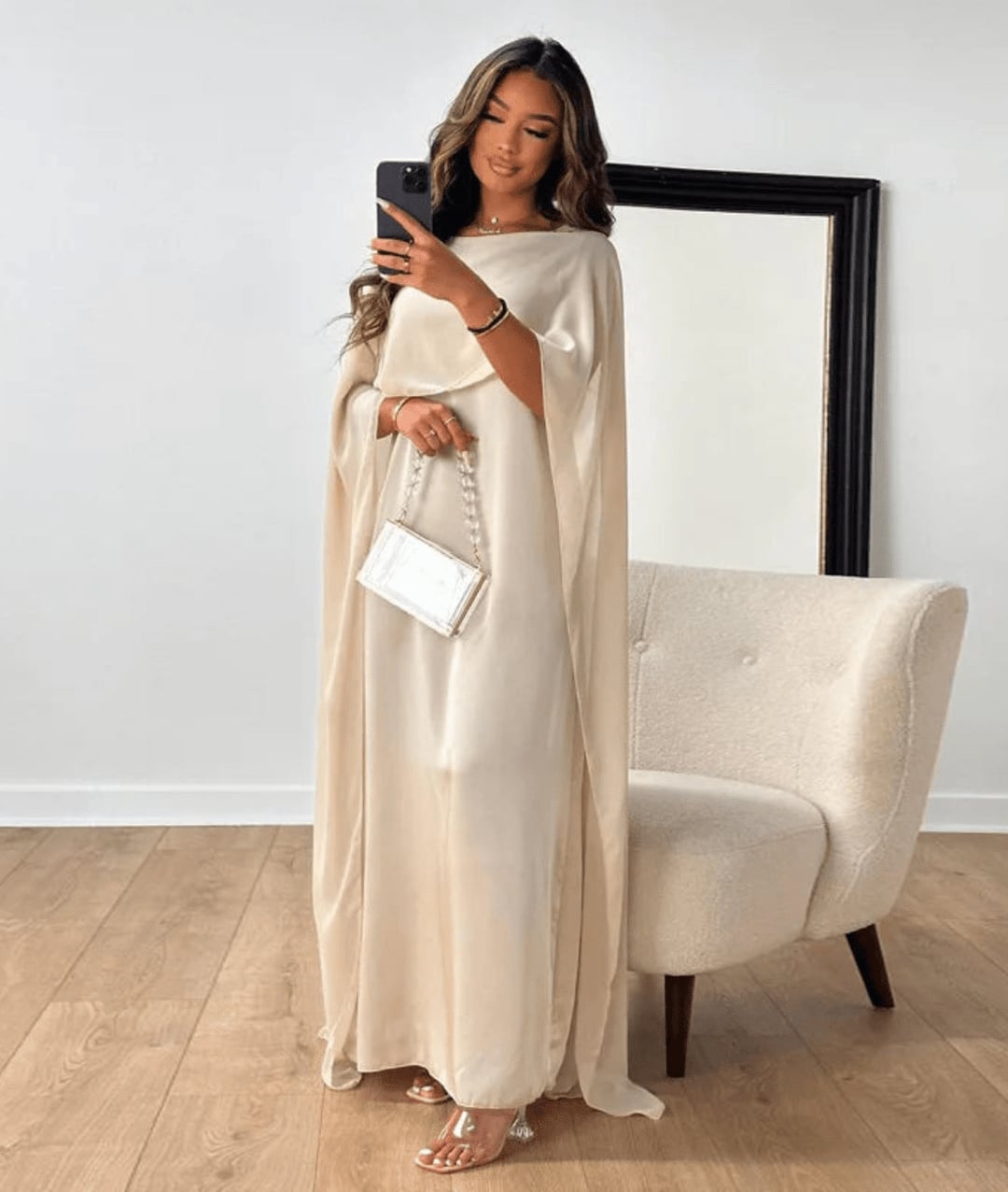 Cream Lightweight Cape Dress With Beaded Clutch Cream Lightweight Cape Dress With Beaded Clutch — Classy Cape Outfits