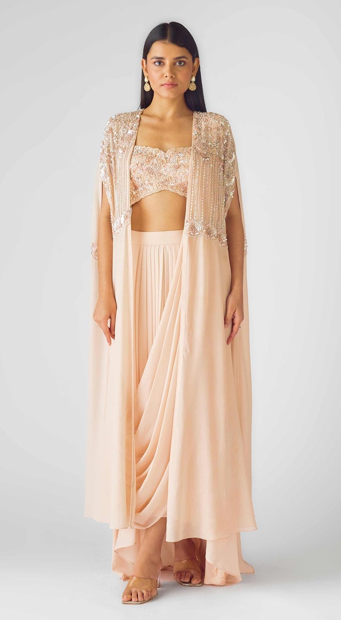 Pale Pink Embellished Cape Over Sequined Crop Top and Skirt Pale Pink Embellished Cape Over Sequined Crop Top and Skirt — Classy Cape Outfits