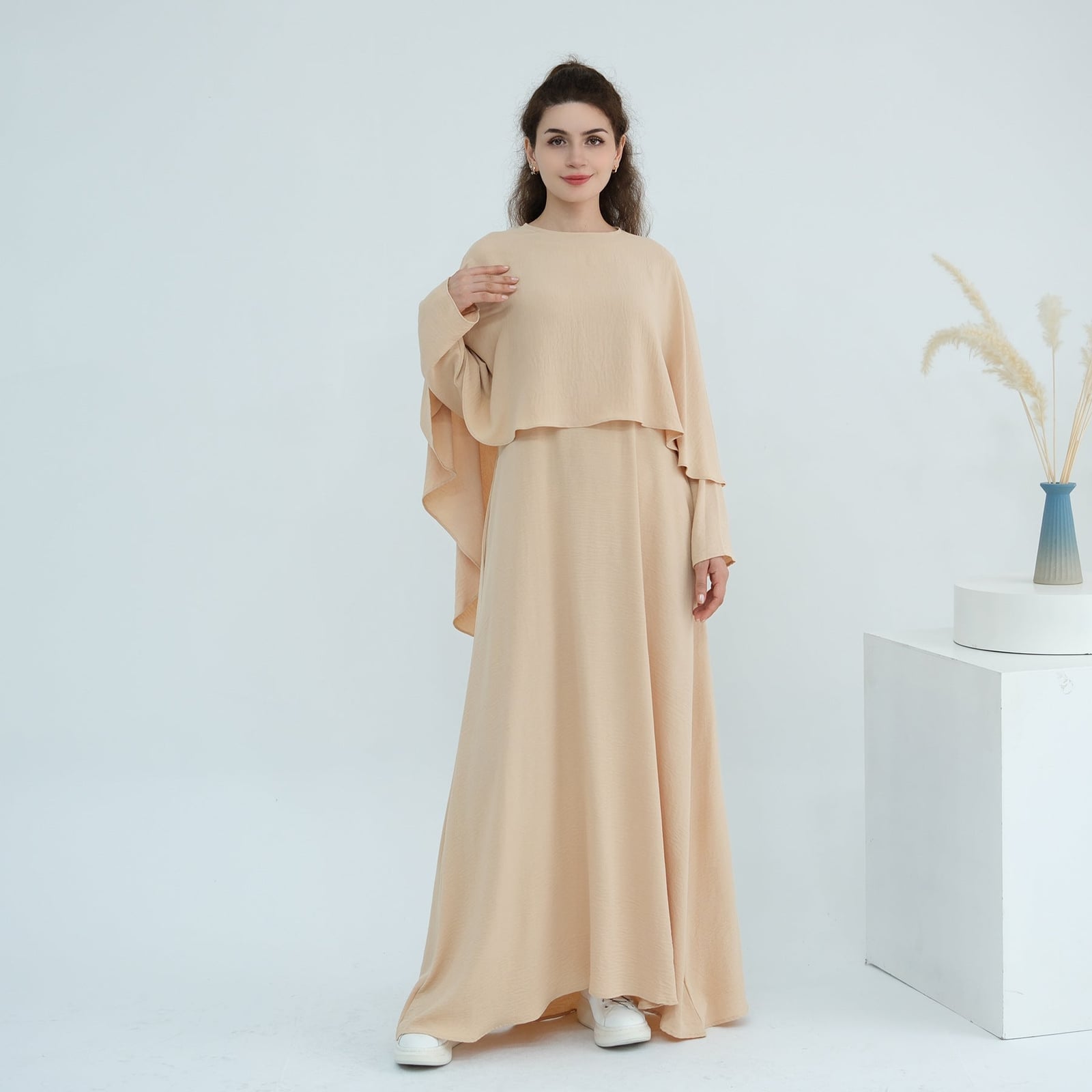 Beige Knit Top With Draped Cape Detail and Skirt Beige Knit Top With Draped Cape Detail and Skirt — Classy Cape Outfits