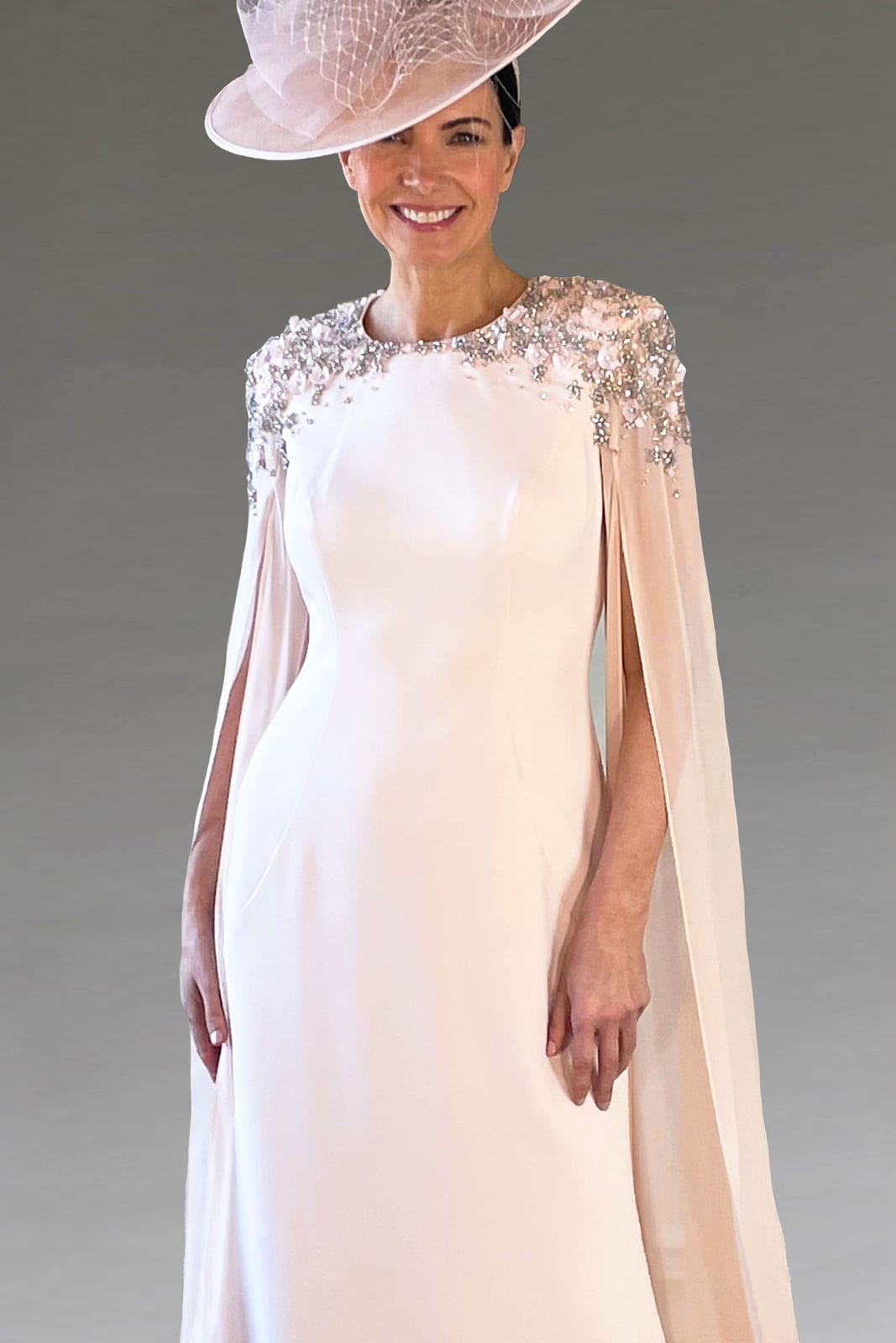 Pale Pink Sheath Dress With Beaded Chiffon Cape Sleeves Pale Pink Sheath Dress With Beaded Chiffon Cape Sleeves — Classy Cape Outfits