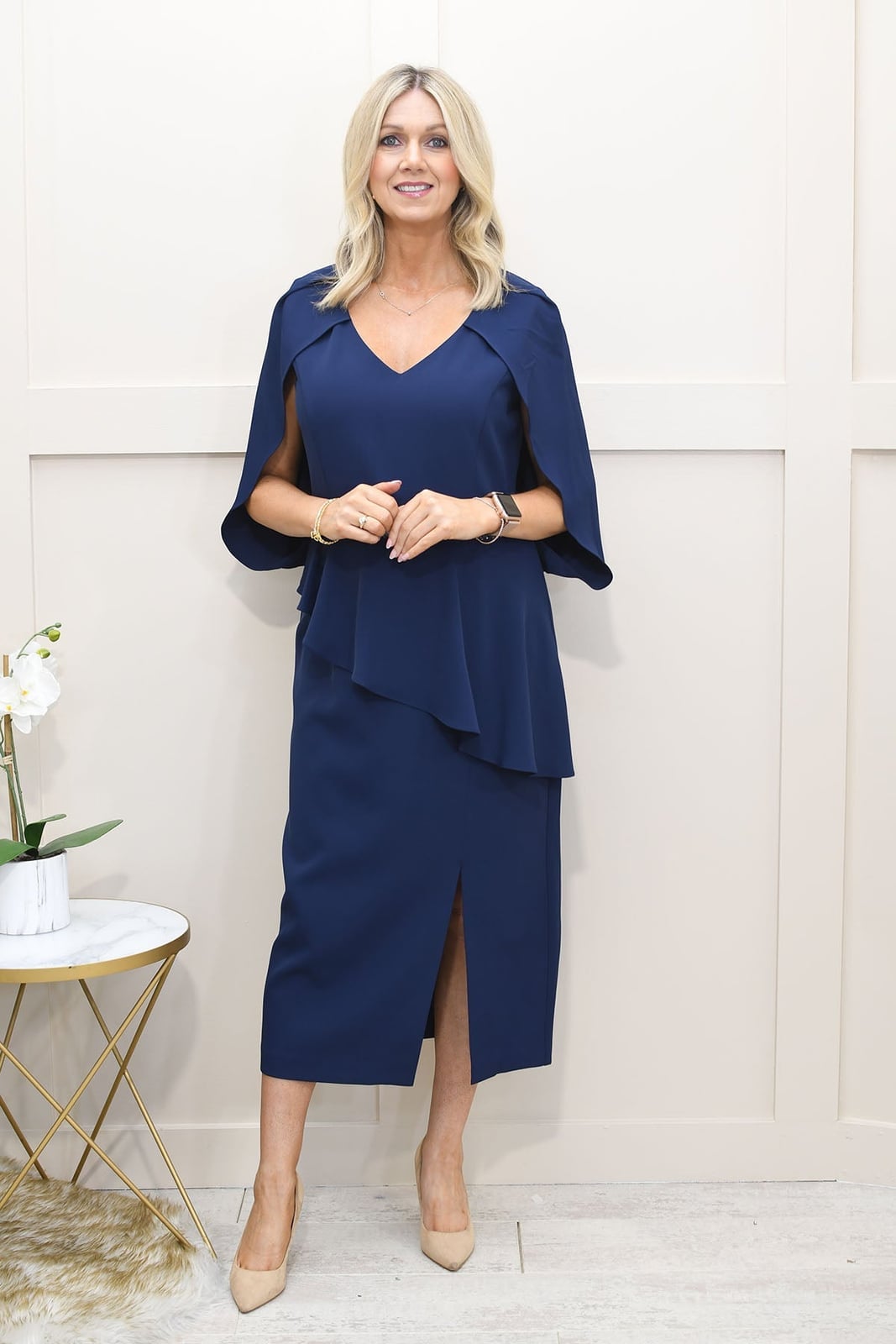 Navy Crepe Midi Dress With Cape Overlay and Jewel Detail Navy Crepe Midi Dress With Cape Overlay and Jewel Detail — Classy Cape Outfits