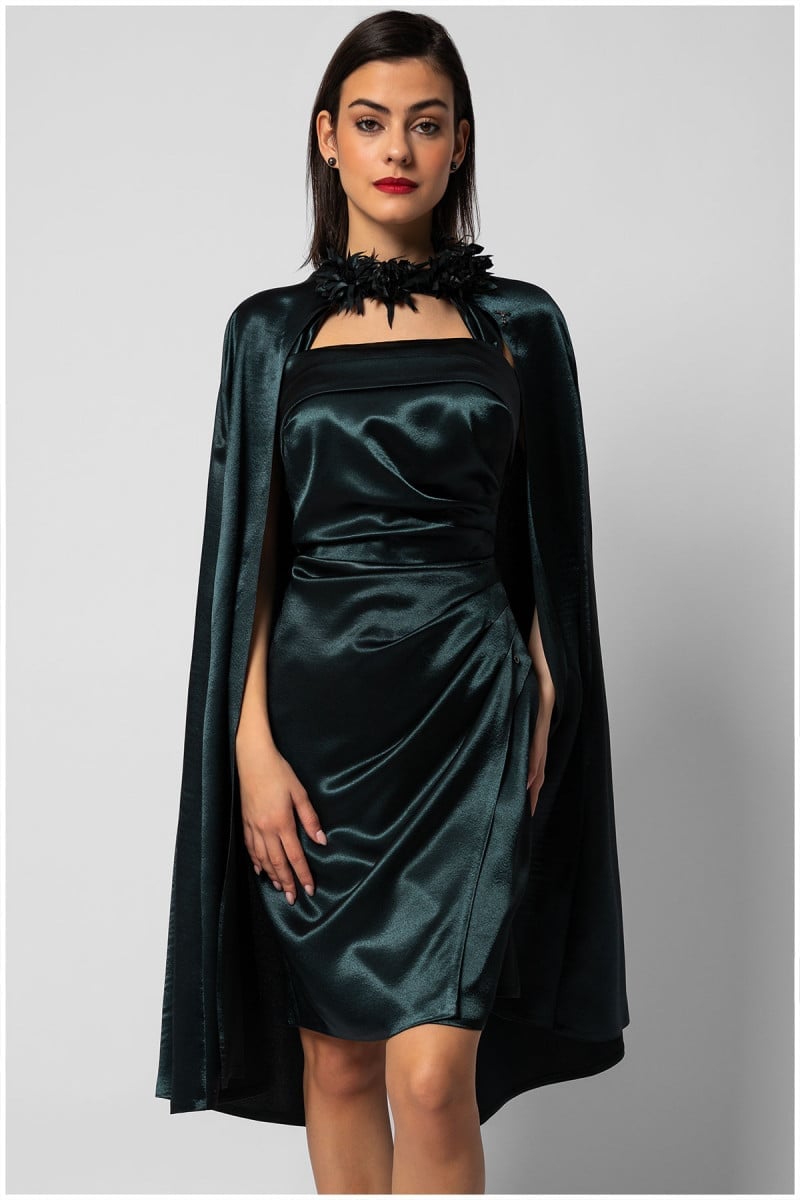 Dark Green Satin Dress With Matching Cape and Feathered Collar Dark Green Satin Dress With Matching Cape and Feathered Collar — Classy Cape Outfits