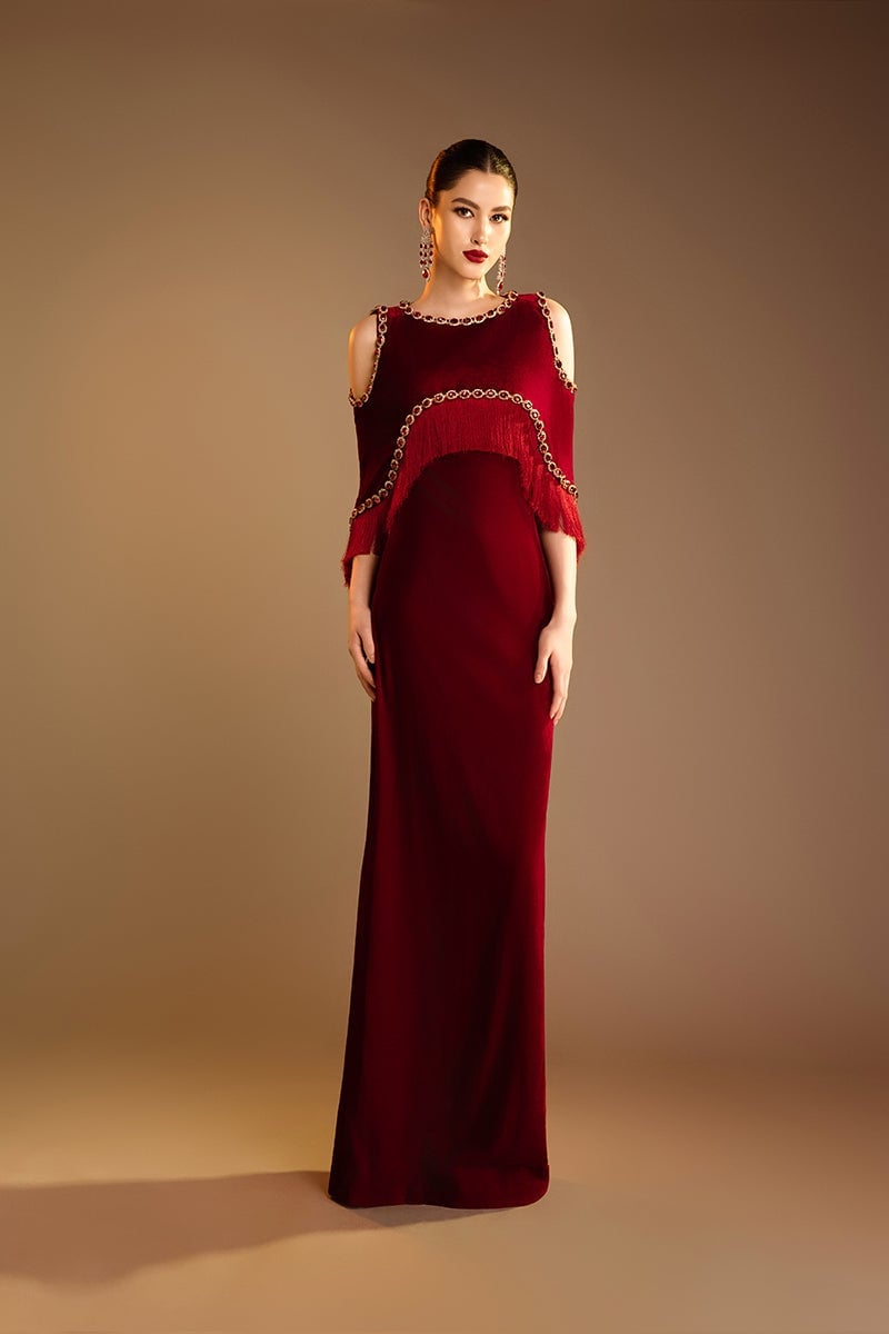 Red Velvet Dress With Cold Shoulder Cape and Fringe Red Velvet Dress With Cold Shoulder Cape and Fringe — Classy Cape Outfits