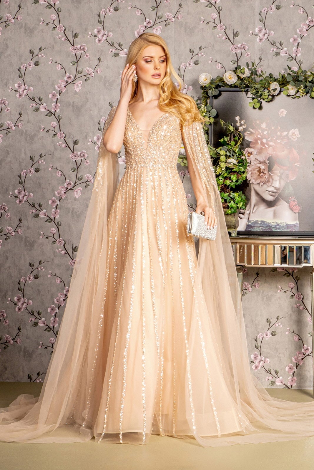 Champagne Sequin Gown With Flowing Cape for Formal Events Champagne Sequin Gown With Flowing Cape for Formal Events — Classy Cape Outfits