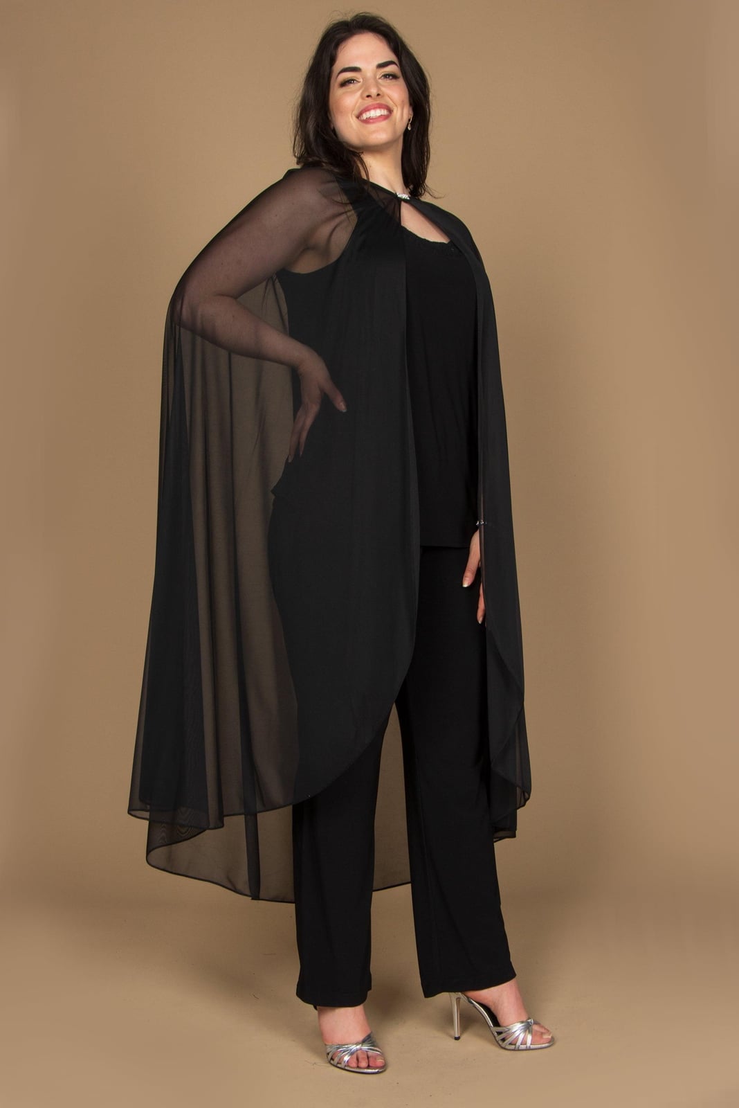 Black Jumpsuit With Sheer Chiffon Cape for Evening Wear Classy Cape Outfits