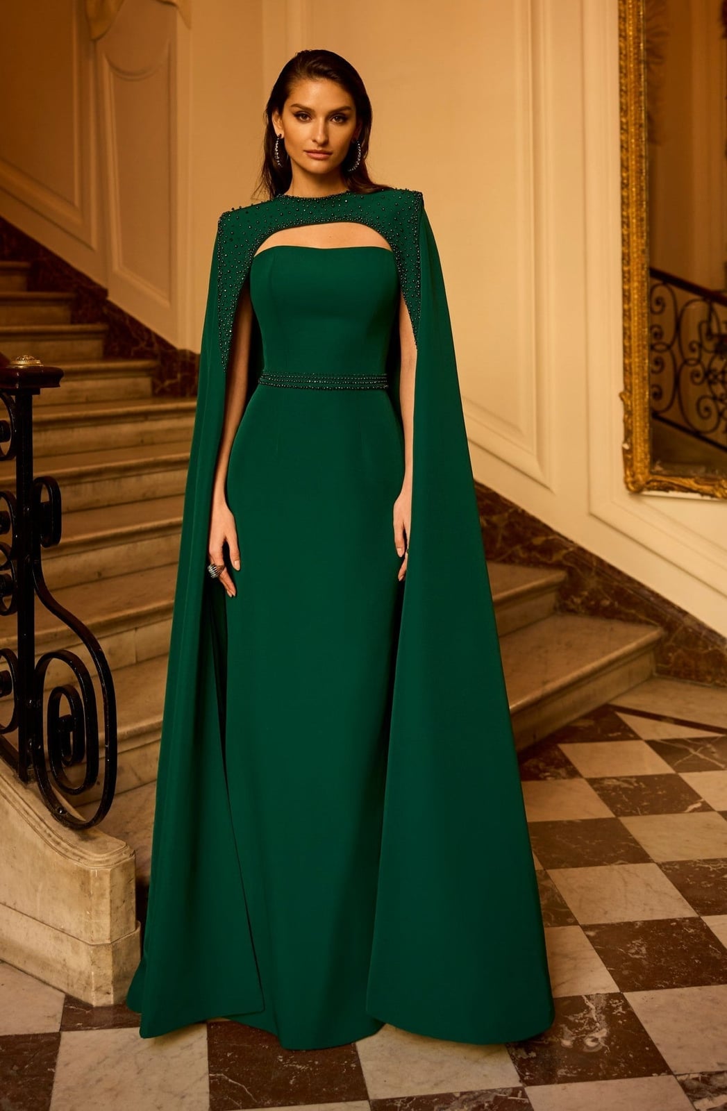 Emerald Green Crepe Cape Dress With Beaded Neckline, Close-Up Take Emerald Green Crepe Cape Dress With Beaded Neckline, Close-Up Take — Classy Cape Outfits