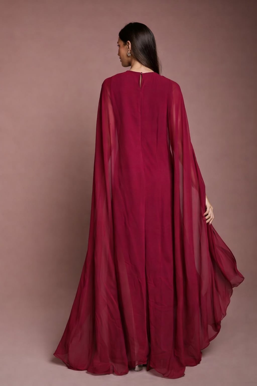 Burgundy Maxi Dress With Flowing Chiffon Cape Sleeves Burgundy Maxi Dress With Flowing Chiffon Cape Sleeves — Classy Cape Outfits