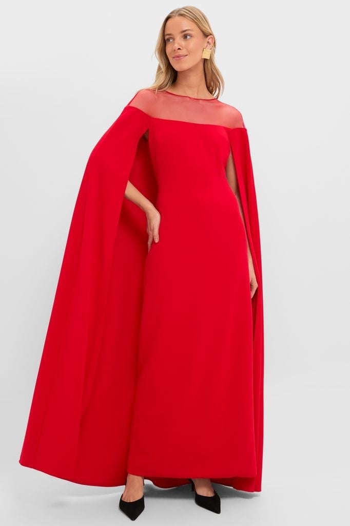 Red Crepe Maxi Dress With Dramatic Cape Sleeves and Pointed Toe Heels Red Crepe Maxi Dress With Dramatic Cape Sleeves and Pointed Toe Heels — Classy Cape Outfits