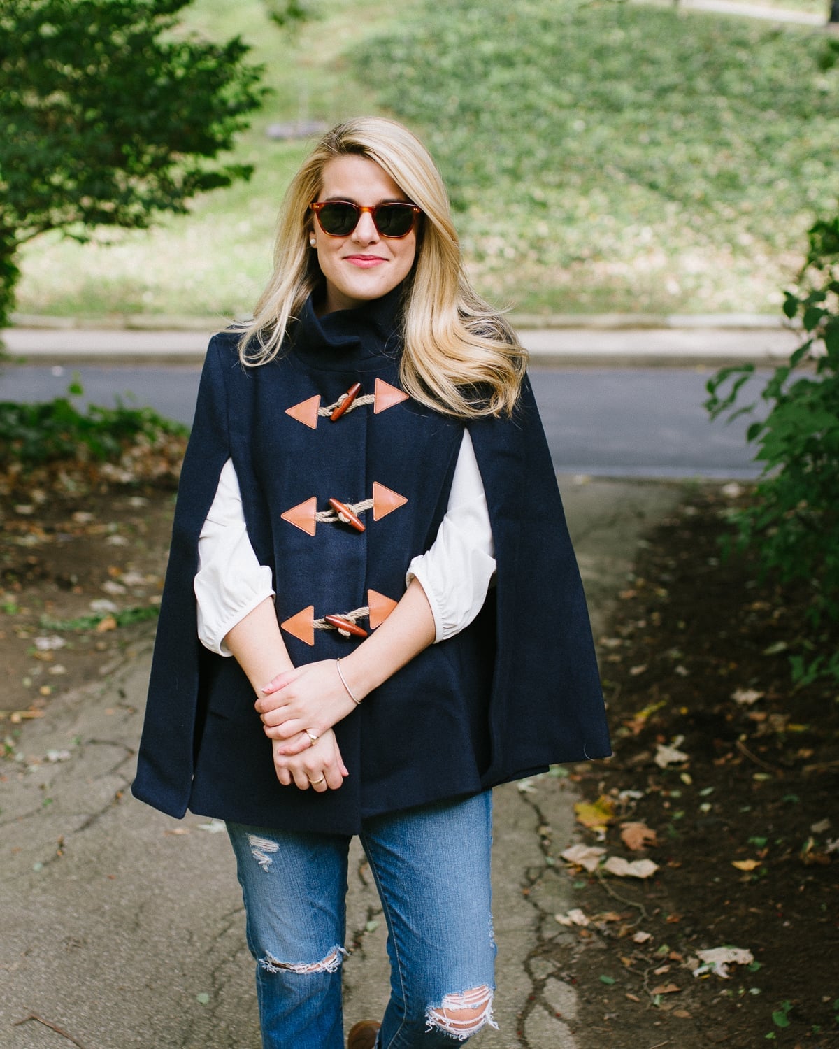 Navy Duffle Cape Over Casual Shirt and Jeans With Brown Ankle Boots Navy Duffle Cape Over Casual Shirt and Jeans With Brown Ankle Boots — Classy Cape Outfits