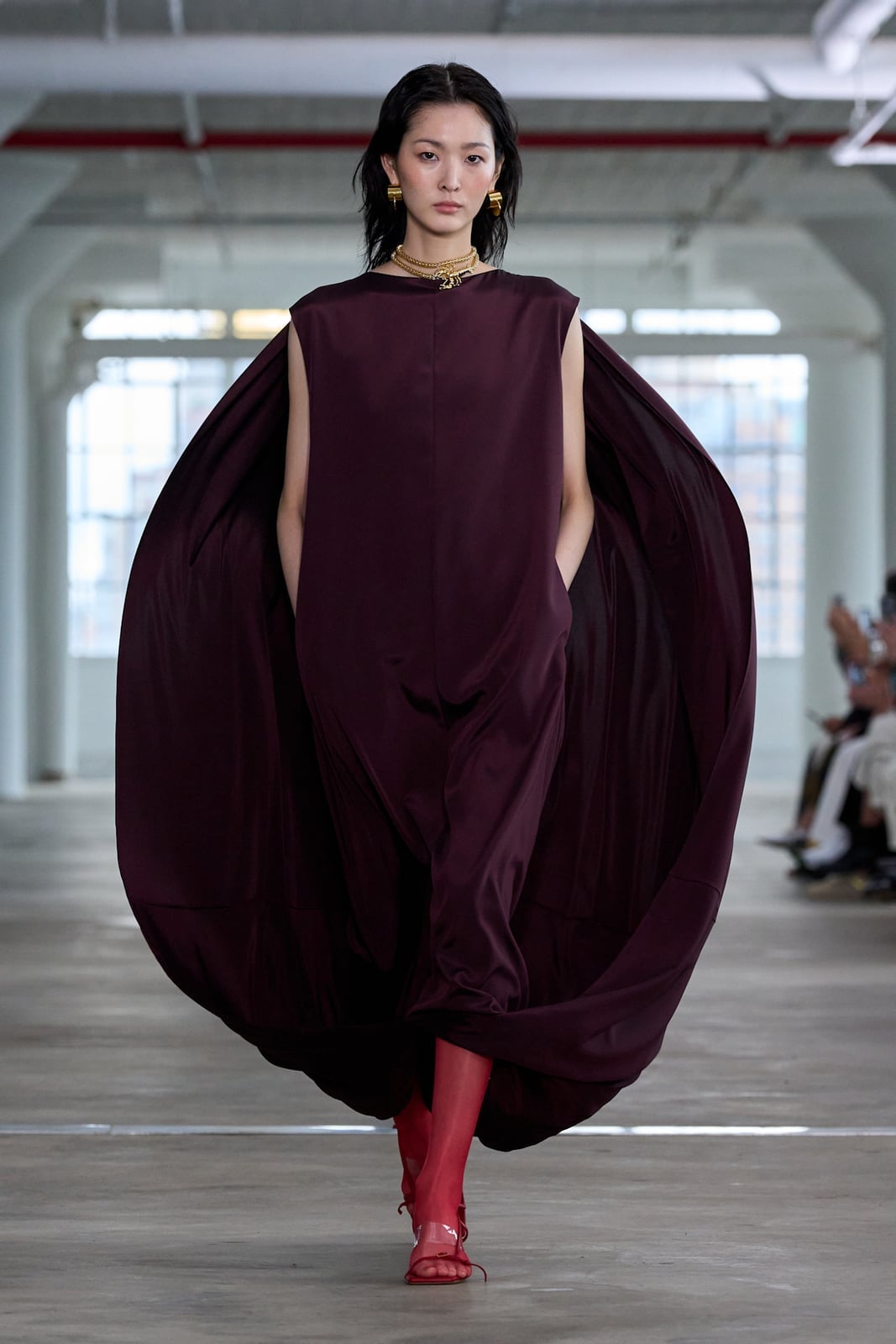 Deep Purple Oversized Cape Dress With Bold Accents, Close-Up Take Deep Purple Oversized Cape Dress With Bold Accents, Close-Up Take — Classy Cape Outfits
