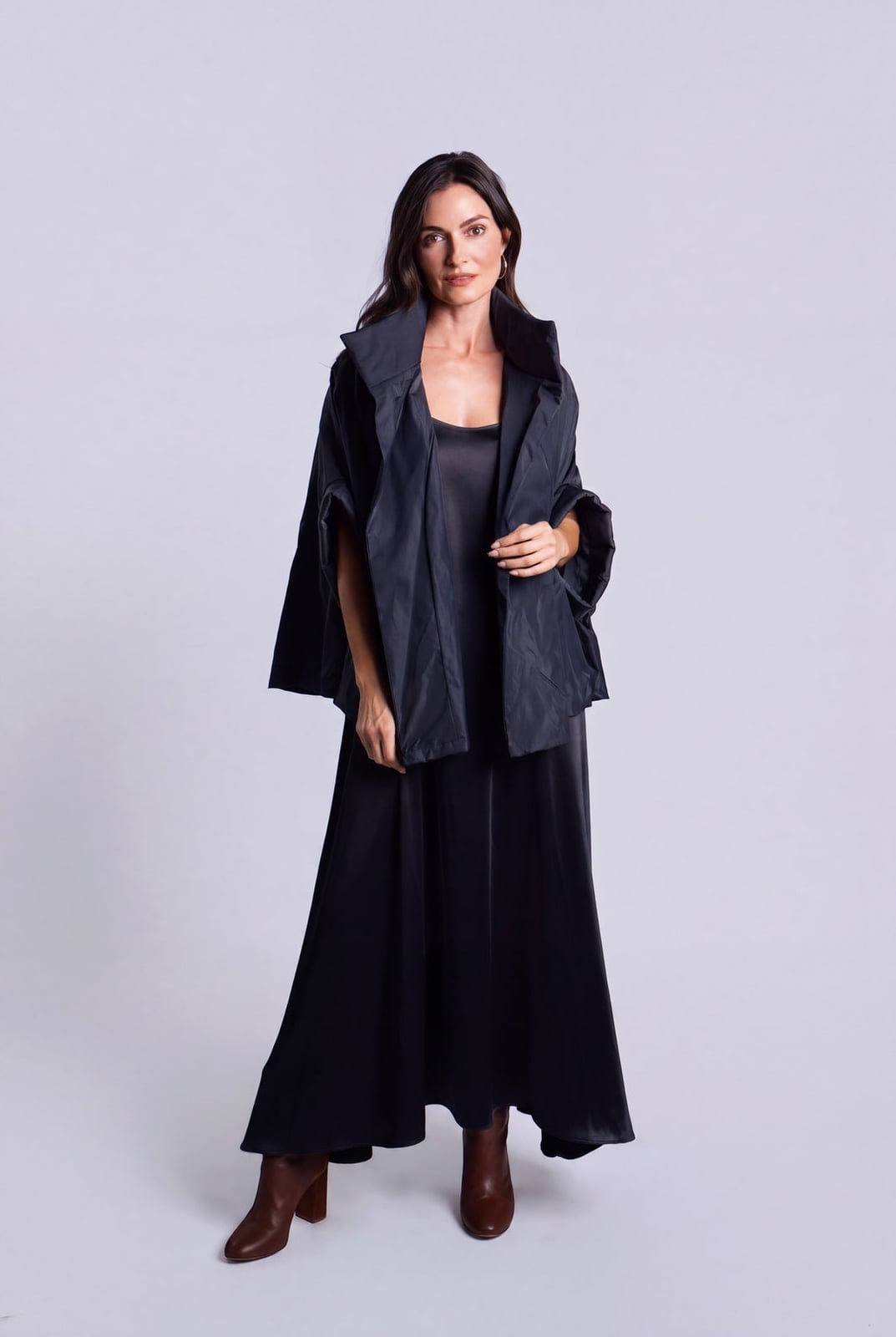Black Oversized Cape Jacket Over Satin Slip Dress Black Oversized Cape Jacket Over Satin Slip Dress — Classy Cape Outfits