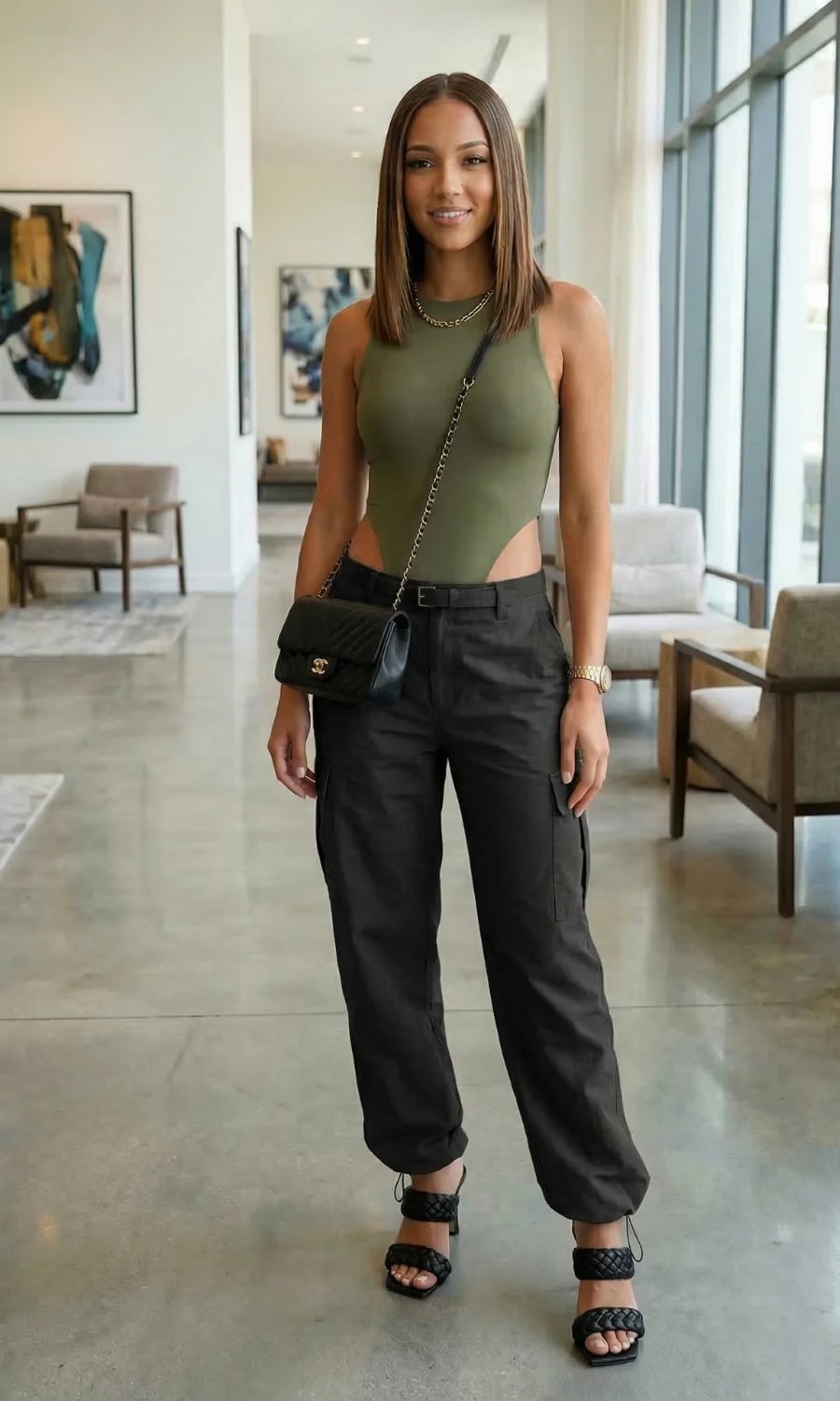 Black Tapered Cargo Pants With Bodysuit Black Tapered Cargo Pants With Bodysuit — Classy Cargo Pants Outfits