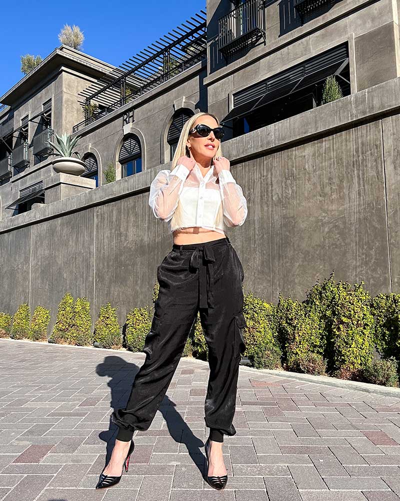 Black Satin Cargo Pants With Sheer Shirt, High-Waisted Black Satin Cargo Pants With Sheer Shirt, High-Waisted — Classy Cargo Pants Outfits
