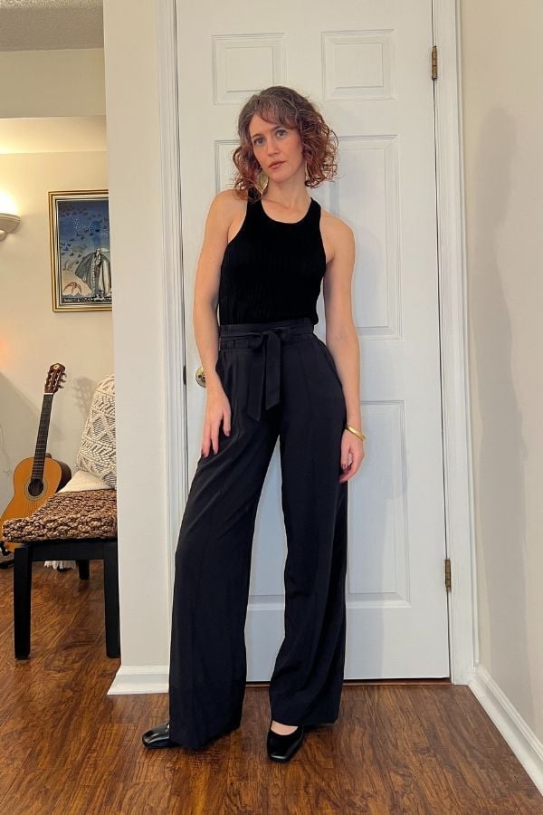 Velvet Tank Top with High-Waisted Wide-Leg Trousers Velvet Tank Top with High-Waisted Wide-Leg Trousers — Classy Casual Date Night Outfit