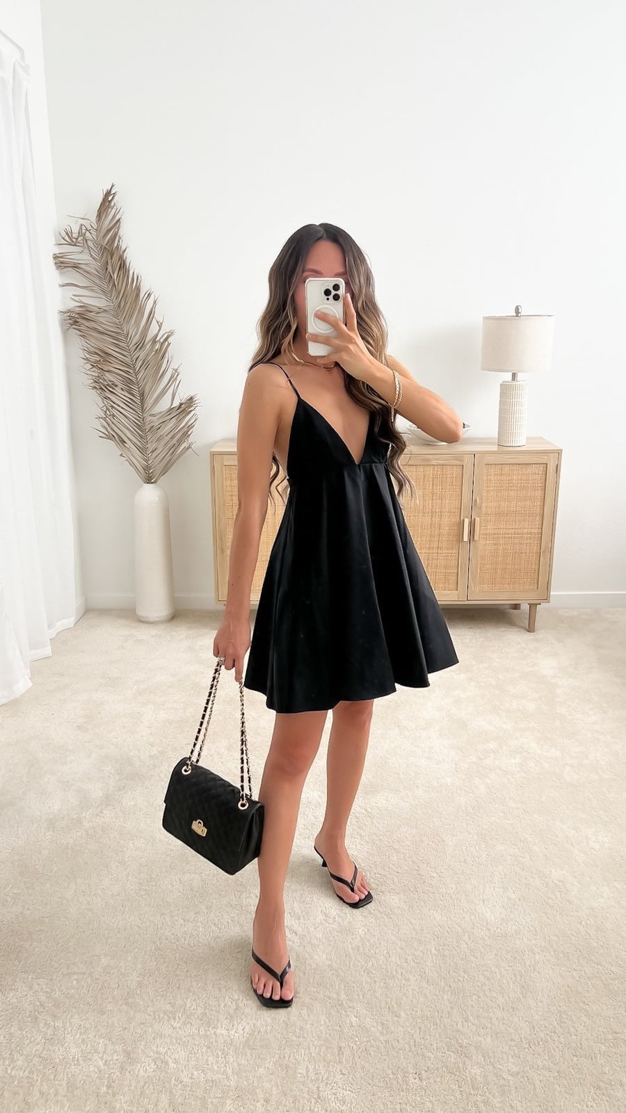 Black Satin Slip Mini Dress with Thin Straps Black Satin Slip Mini Dress with Thin Straps — Classy Casual Date Night Outfit