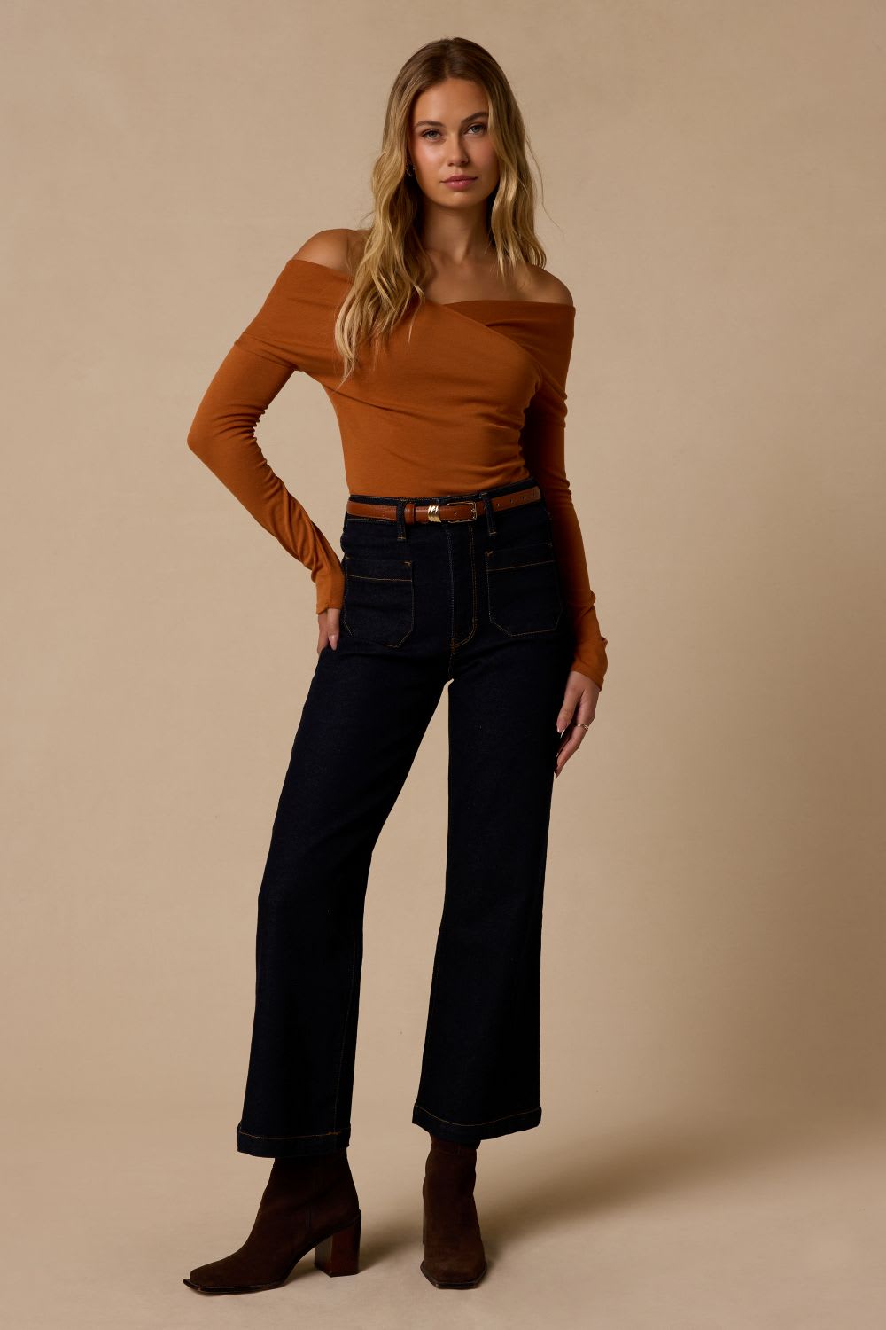 Off-the-shoulder Knit Top with Wide-Leg Jeans Off-the-shoulder Knit Top with Wide-Leg Jeans — Classy Casual Date Night Outfit