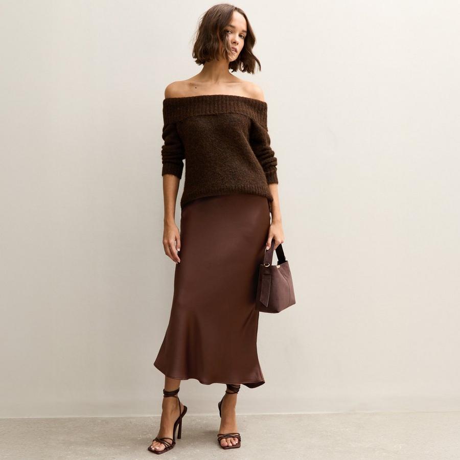 Satin Slip Skirt and Off-The-Shoulder Knit Sweater Satin Slip Skirt and Off-The-Shoulder Knit Sweater — Classy Casual Date Night Outfit