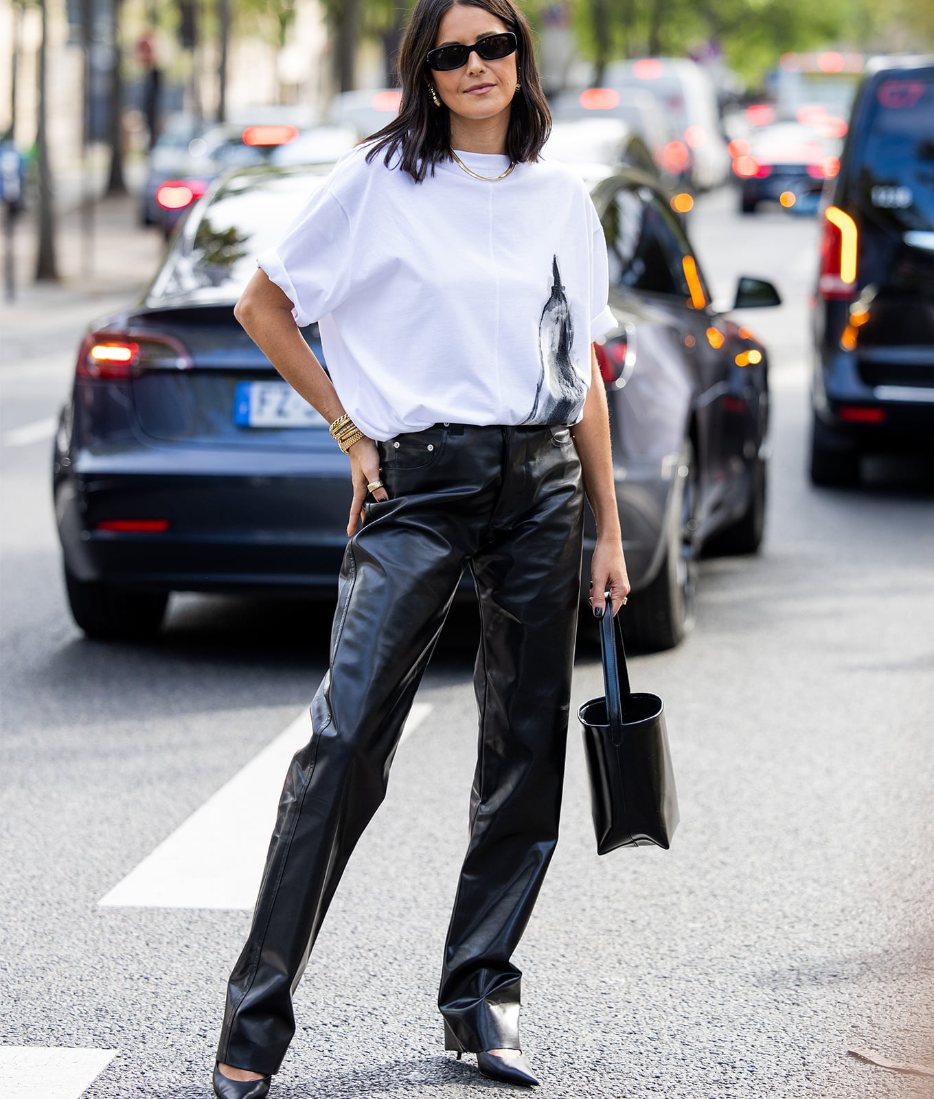 Leather Wide-Leg Trousers and a White T-Shirt Leather Wide-Leg Trousers and a White T-Shirt — Classy Casual Date Night Outfit