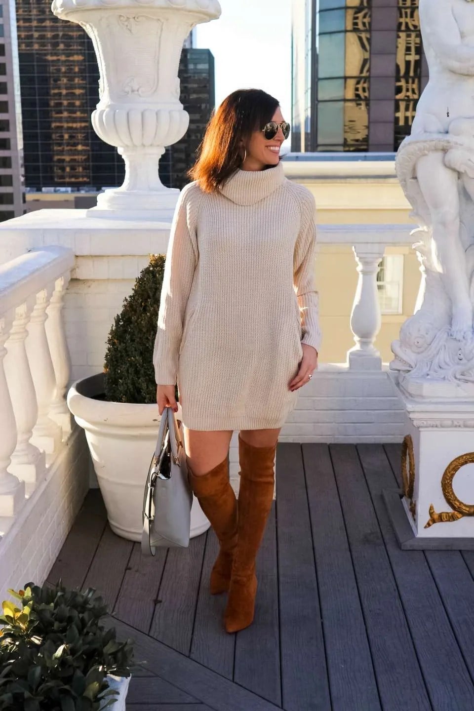 Cream Knit Turtleneck Sweater Dress with Over-The-Knee Boots Cream Knit Turtleneck Sweater Dress with Over-The-Knee Boots — Classy Casual Date Night Outfit