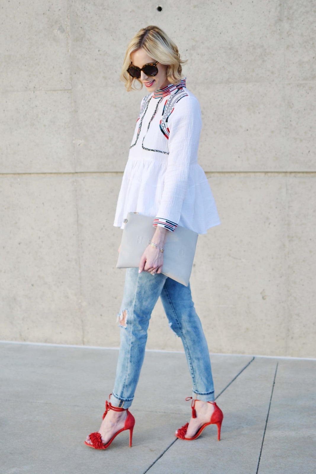 White Peplum Top with Ripped Jeans and Fringe Heels White Peplum Top with Ripped Jeans and Fringe Heels — Classy Casual Date Night Outfit