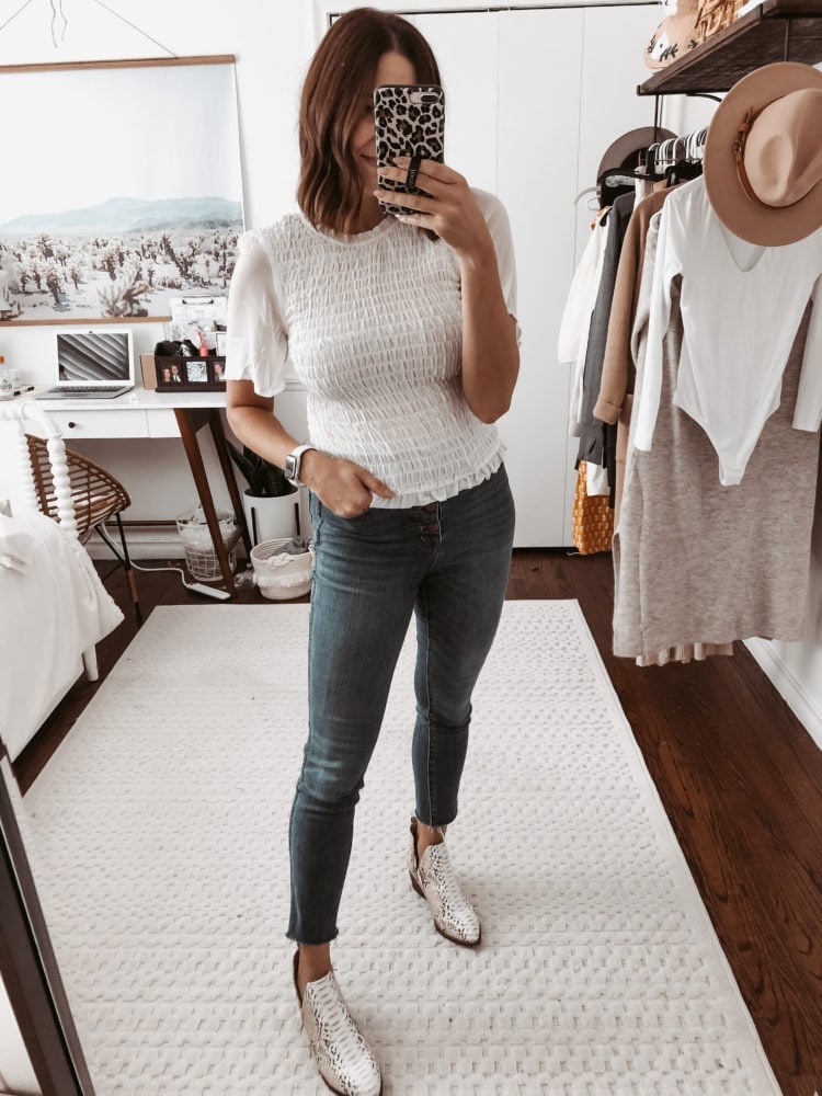 Smocked Top with Skinny Jeans and Snake Print Boots Smocked Top with Skinny Jeans and Snake Print Boots — Classy Casual Date Night Outfit